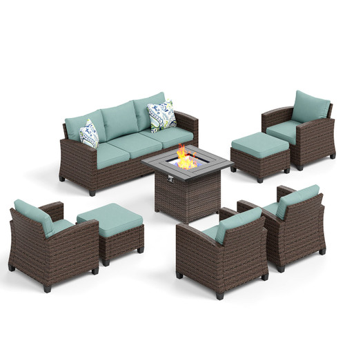 Wicker Patio Furniture Set with Fire Pit, 8 Pieces Outdoor Sectional Conversation Sets, Deep Seating Sofa for Lawn Deck Garden, Blue