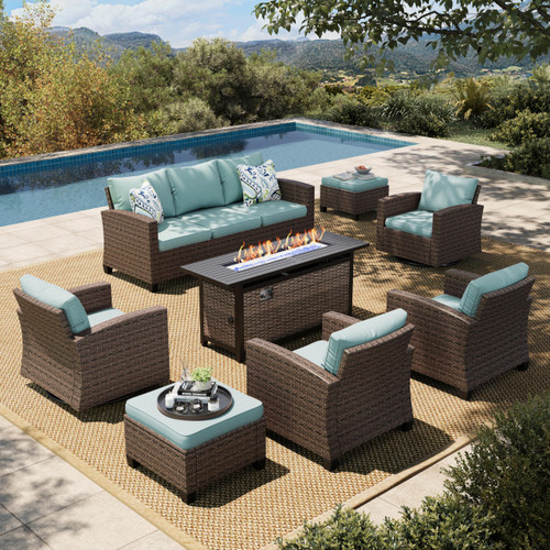 Swivel Glider Patio Furniture Set, Outdoor Sectional Conversation Sets with 56" Fire Pit Table, 8 Pieces 9 Seats Outside Sofa for Lawn Deck Backyard, Blue