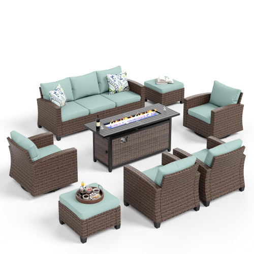 Swivel Glider Patio Furniture Set, Outdoor Sectional Conversation Sets with 56" Fire Pit Table, 8 Pieces 9 Seats Outside Sofa for Lawn Deck Backyard, Blue