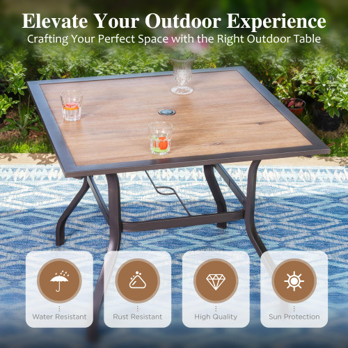 5 Piece Patio Dining Set, 4 x Brown Textilene Dining Chair and 37" Square Wood-Like Dining Table with Umbrella Hole, Outdoor Table and Chairs Set for Lawn Garden Backyard Deck