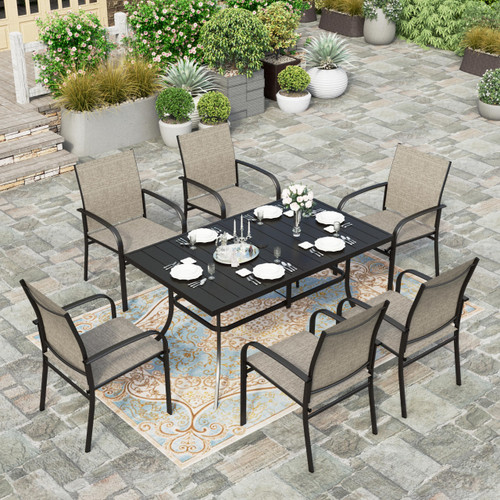 7 PCS Patio Dining Set All-Weather Outdoor Furniture, 6 Dining Chairs and Large Metal Table with Double Umbrella Hole for Yard, Garden, Porch, Deck (Grey)