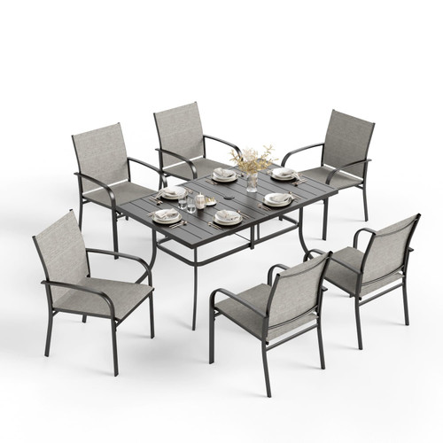 7 PCS Patio Dining Set All-Weather Outdoor Furniture, 6 Dining Chairs and Large Metal Table with Double Umbrella Hole for Yard, Garden, Porch, Deck (Grey)