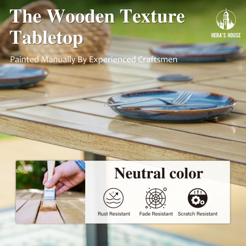 Patio Table and Chairs for 6, 7 Pieces Outdoor Deck Dining Sets, Wood-Like Rectangular Metal Table Set with Chairs for Lawn Garden Backyard, Brown