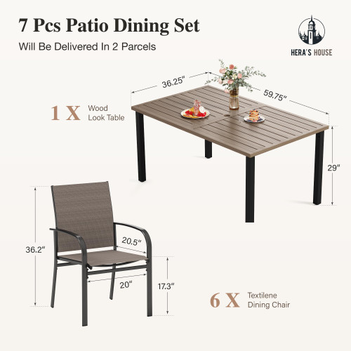 Patio Table and Chairs for 6, 7 Pieces Outdoor Deck Dining Sets, Wood-Like Rectangular Metal Table Set with Chairs for Lawn Garden Backyard, Brown