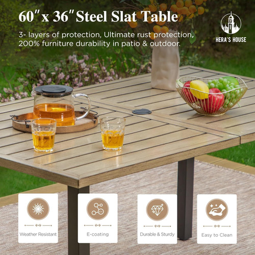 Patio Table and Chairs for 6, 7 Pieces Outdoor Deck Dining Sets, Wood-Like Rectangular Metal Table Set with Chairs for Lawn Garden Backyard, Brown