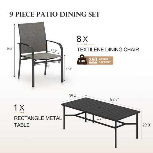 9 Pieces Patio Dining Set, 8 x Brown Textilene Patio Chairs and 1 x 83 Large Rectangle Dining Table, Outdoor Furniture Set for Deck Garden Backyard Lawn Poolside