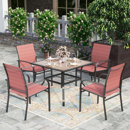 Outdoor Dining Set 5 Piece Patio Furniture Set, 4 x Textilene Dining Chair, 37" Square Wood Look Table for Lawn Garden Backyard Deck, Red