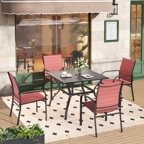 Red Patio Dining Set for 4, 5 Piece Outdoor Table and Chairs Set, 4 x Textilene Dining Chair, 37" Square Metal Dining Table, for Lawn Garden Backyard Deck