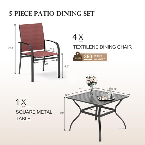 Red Patio Dining Set for 4, 5 Piece Outdoor Table and Chairs Set, 4 x Textilene Dining Chair, 37" Square Metal Dining Table, for Lawn Garden Backyard Deck
