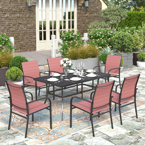 7 PCS Patio Dining Set All-Weather Outdoor Furniture, 6 Dining Chairs and Large Metal Table with Double Umbrella Hole for Yard, Garden, Porch, Deck (Red)