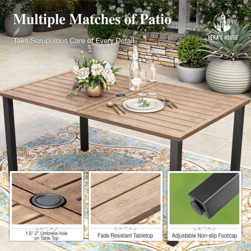 Patio Table and Chairs for 6, 7 Pieces Outdoor Deck Dining Sets, Wood-Like Rectangular Metal Table Set with Chairs for Lawn Garden Backyard, Red