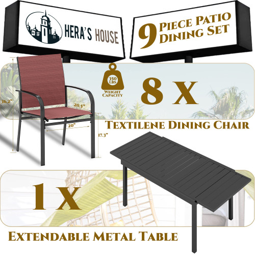 9 Pieces Patio Dining Set, Outdoor Table Chairs Set for 8, 8 x Dining Red Chair and 1x Extendable Metal Dining Table for Patio, Lawn, Garden, Porch