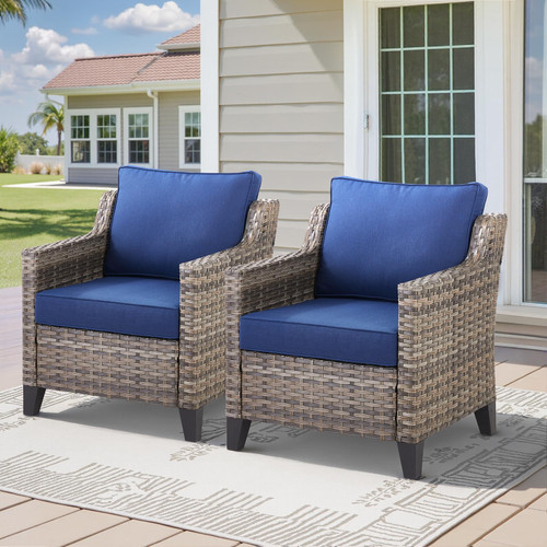 Patio Chairs Set of 2-All Weather Rattan Wicker Outdoor Chair with Thickened Cushions Outdoor Patio Chairs for Porch Deck Balcony Garden Grey/Blue