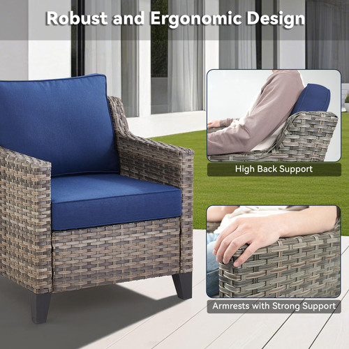 Patio Chairs Set of 2-All Weather Rattan Wicker Outdoor Chair with Thickened Cushions Outdoor Patio Chairs for Porch Deck Balcony Garden Grey/Blue