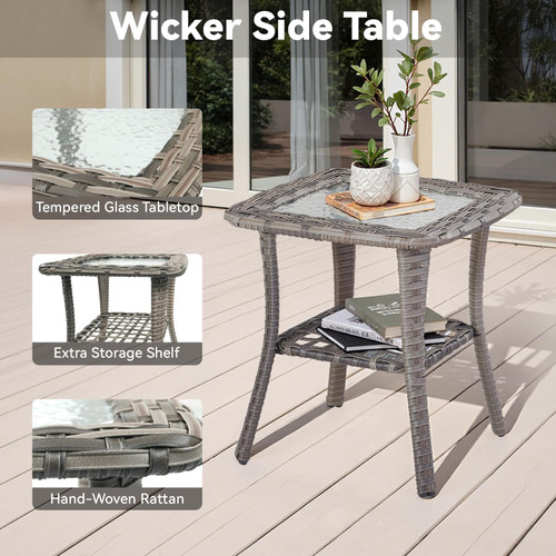 3 Pieces Patio Furniture Sets-Outdoor PE Rattan Wicker Chairs with Thickened Cushion and Glass Coffee Table,All Weather Patio Conversation Set for Garden Backyard Porch Deck Grey/Beige