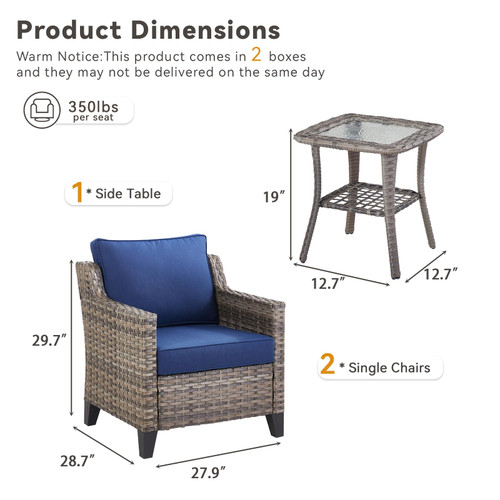 3 Pieces Patio Furniture Sets-Outdoor PE Rattan Wicker Chairs with Thickened Cushion and Glass Coffee Table,All Weather Patio Conversation Set for Garden Backyard Porch Deck Grey/Blue