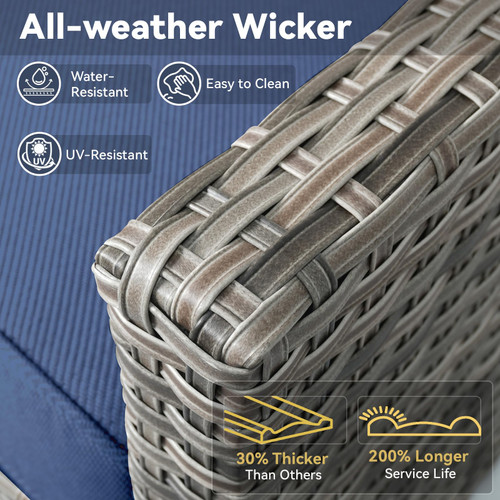 3 Pieces Patio Furniture Sets-Outdoor PE Rattan Wicker Chairs with Thickened Cushion and Glass Coffee Table,All Weather Patio Conversation Set for Garden Backyard Porch Deck Grey/Blue