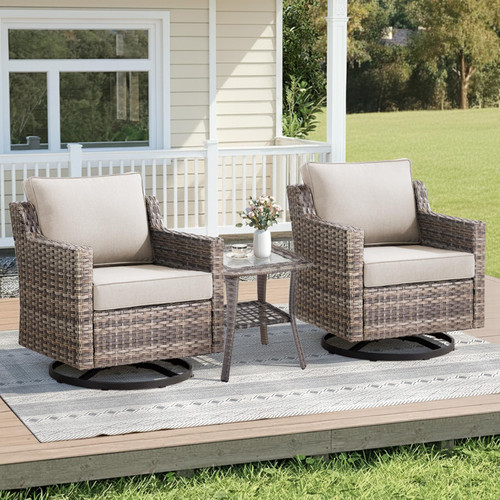3 Pieces Patio Furniture Set-High Back Swivel Patio Chairs Set of 2 with Outdoor Side Table Patio Table and Chairs Set for Porch Deck Balcony Garden Grey/Beige