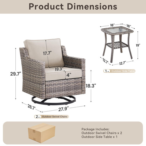 3 Pieces Patio Furniture Set-High Back Swivel Patio Chairs Set of 2 with Outdoor Side Table Patio Table and Chairs Set for Porch Deck Balcony Garden Grey/Beige