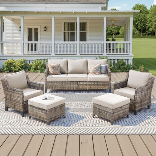 5 Pieces Outdoor Furniture-High Back Outdoor Wicker Couch Patio Chairs Set of 2 with Comfy Cushions Ottomans Patio Furniture Set for Backyard Porch Garden Deck Grey/Beige