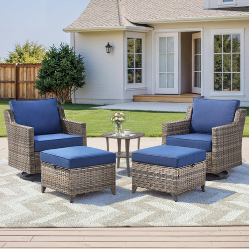 5 Pieces Outdoor Patio Furniture Set-All-Weather Wicker Patio Swivel Glider Chairs with 2 Ottoman and Glass Side Table, Patio Conversation Sets for Porch Balcony Deck - Blue/Grey