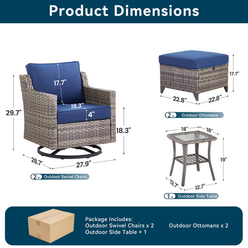 5 Pieces Outdoor Patio Furniture Set-All-Weather Wicker Patio Swivel Glider Chairs with 2 Ottoman and Glass Side Table, Patio Conversation Sets for Porch Balcony Deck - Blue/Grey