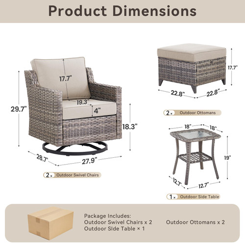 5 Pieces Outdoor Patio Furniture Set-All-Weather Wicker Patio Swivel Glider Chairs with 2 Ottoman and Glass Side Table, Patio Conversation Sets for Porch Balcony Deck - Beige/Grey