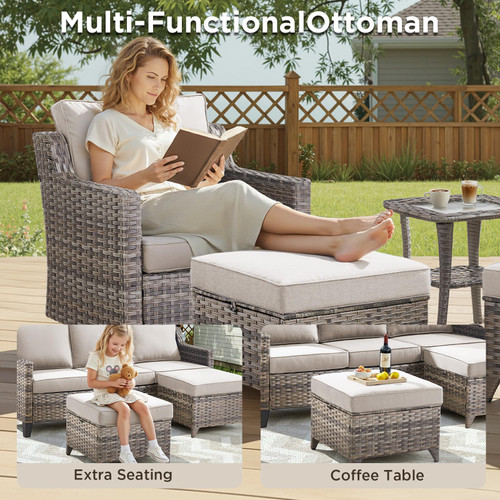 5 Pieces Outdoor Patio Furniture Set-All-Weather Wicker Patio Swivel Glider Chairs with 2 Ottoman and Glass Side Table, Patio Conversation Sets for Porch Balcony Deck - Beige/Grey