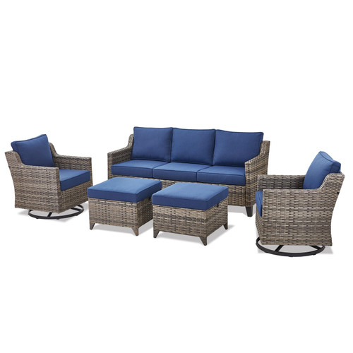 Outdoor Patio Furniture Set-5 Pieces All-Weather Wicker Outdoor Furniture with Swivel Patio Chairs Outdoor Patio Conversation Sets for Garden Porch Deck Grey/Blue