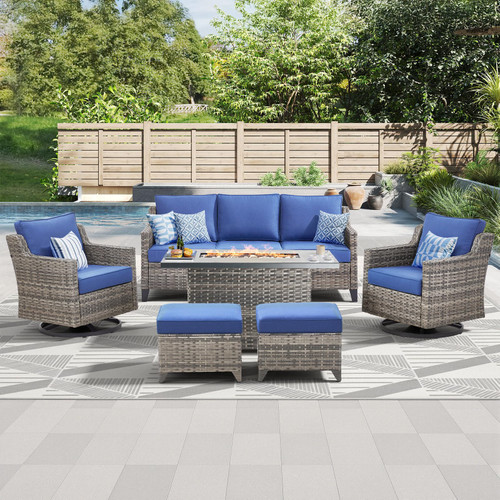 Patio Furniture Set with 42.5" Fire Pit Table-6 Pieces All Weather Wicker Outdoor Furniture with High Back Swivel Patio Chairs Set of 2 Outdoor Couch for Deck Balcony Backyard Blue/Gray