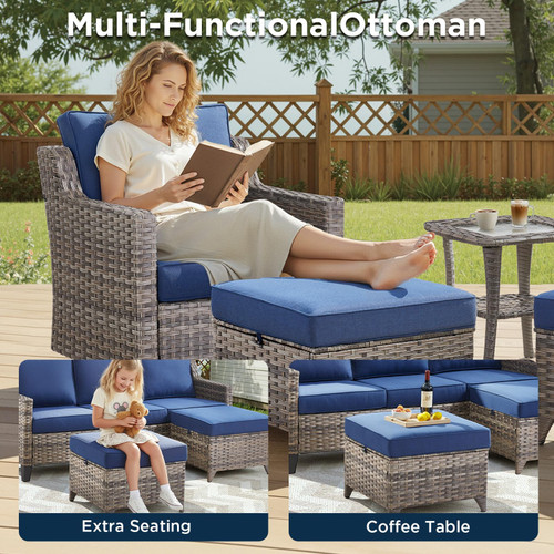 Patio Furniture Set with 42.5" Fire Pit Table-6 Pieces All Weather Wicker Outdoor Furniture with High Back Swivel Patio Chairs Set of 2 Outdoor Couch for Deck Balcony Backyard Blue/Gray