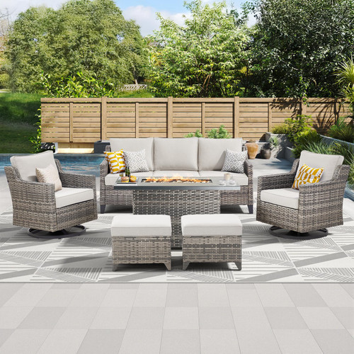 Patio Furniture Set with 42.5" Fire Pit Table-6 Pieces All Weather Wicker Outdoor Furniture with High Back Swivel Patio Chairs Set of 2 Outdoor Couch for Deck Balcony Backyard Beige/Gray