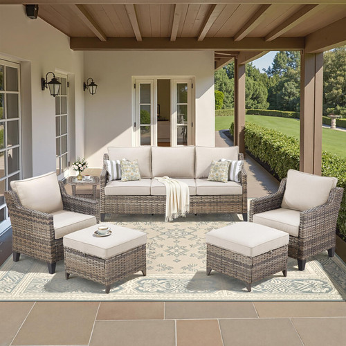 Buenhomino Outdoor Patio Furniture Set-PE Wicker Sofa Couch with Ottomans Comfy Cushions, All Weather High Back Patio Conversation Set for Porch Deck Balcony Garden Grey/Beige