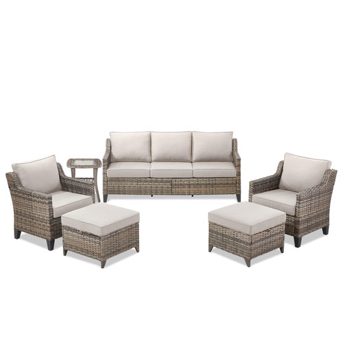Buenhomino Outdoor Patio Furniture Set-PE Wicker Sofa Couch with Ottomans Comfy Cushions, All Weather High Back Patio Conversation Set for Porch Deck Balcony Garden Grey/Beige