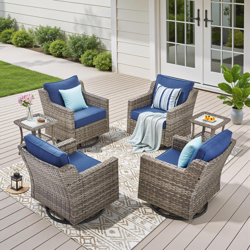 Patio Wicker Chairs Swivel Rocker-Outdoor Swivel Rocker Chair Set of 4 with All Weather Wicker Glider Rocker Set, PE Rattan Swivel Rocking Chair with 2 Side Table for Balcony Deck Porch Grey/Blue