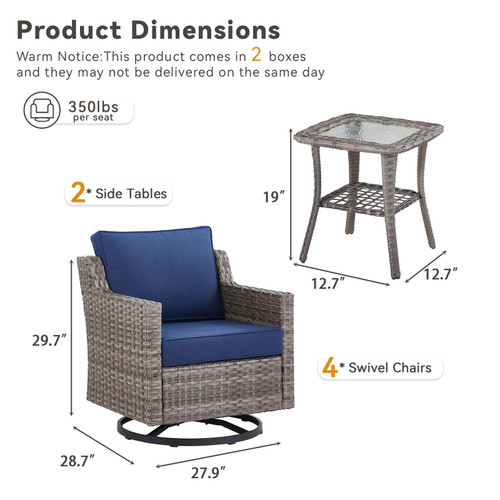 Patio Wicker Chairs Swivel Rocker-Outdoor Swivel Rocker Chair Set of 4 with All Weather Wicker Glider Rocker Set, PE Rattan Swivel Rocking Chair with 2 Side Table for Balcony Deck Porch Grey/Blue