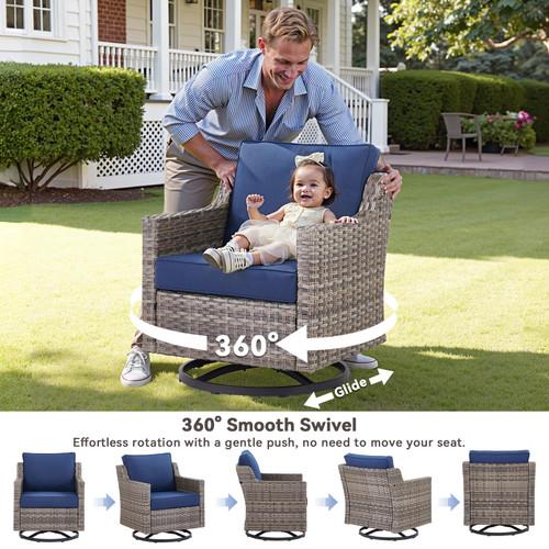 Patio Wicker Chairs Swivel Rocker-Outdoor Swivel Rocker Chair Set of 4 with All Weather Wicker Glider Rocker Set, PE Rattan Swivel Rocking Chair with 2 Side Table for Balcony Deck Porch Grey/Blue