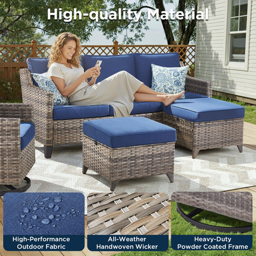 Outdoor Patio Furniture Set-6 Piece High Back Outdoor Furniture Set Sectional Sofa with Wicker Swivel Rocker Patio Chairs,Thick Cushions Ottomans for Porch Balcony Patio Deck Grey/Blue