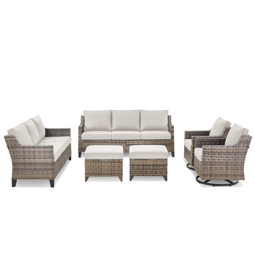 Outdoor Patio Furniture Set-6 Piece High Back Outdoor Furniture Set Sectional Sofa with Wicker Swivel Rocker Patio Chairs,Thick Cushions Ottomans for Porch Balcony Patio Deck Grey/Beige