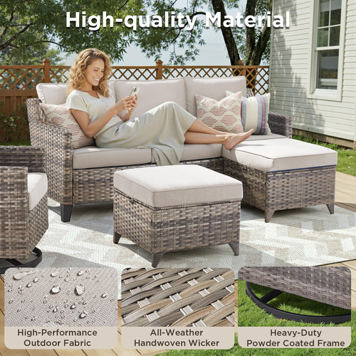 Outdoor Patio Furniture Set-6 Piece High Back Outdoor Furniture Set Sectional Sofa with Wicker Swivel Rocker Patio Chairs,Thick Cushions Ottomans for Porch Balcony Patio Deck Grey/Beige