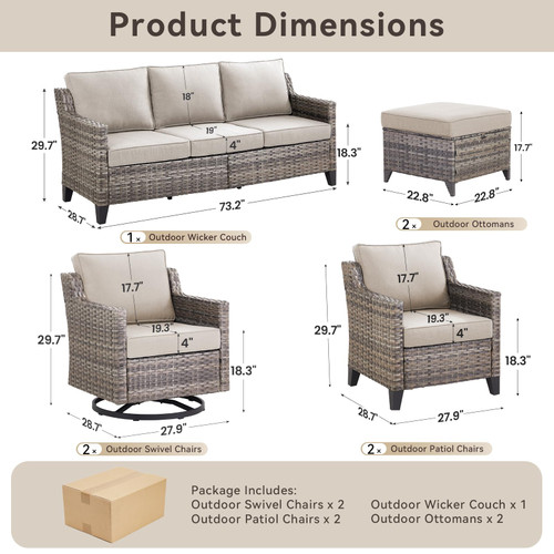Wicker Patio Furniture Set-7 PieceAll Weather Outdoor Conversation Sets Sectional Sofa with Wicker Swivel Rocker Patio Chairs, Thick Cushions Ottomans for Porch Balcony Patio Deck Grey/Beige