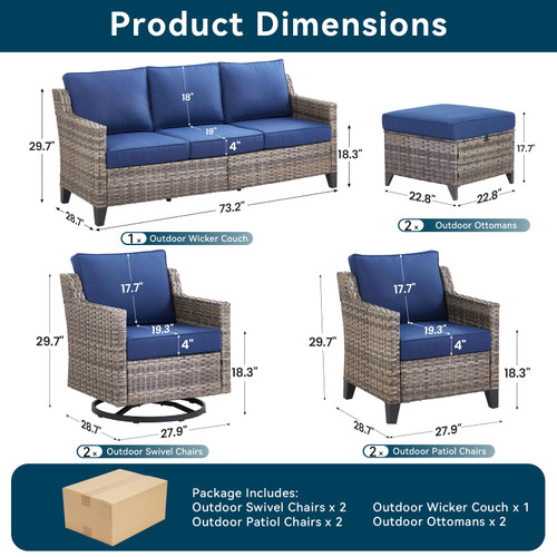 7 Piece Outdoor Patio Furniture Set-All Weather Outdoor Conversation Sets Sectional Sofa with Wicker Swivel Rocker Patio Chairs,Thick Cushions Ottomans for Porch Balcony Patio Deck Grey/Blue
