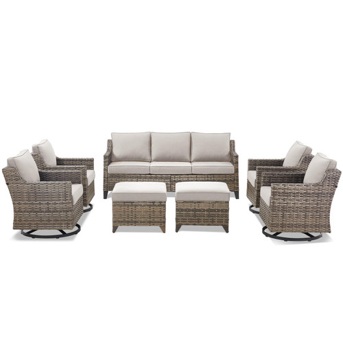 Outdoor Patio Furniture Set-7 Pieces All-Weather Wicker Outdoor Furniture with Swivel Patio Chairs Outdoor Patio Conversation Sets for Garden Porch Deck Grey/Beige