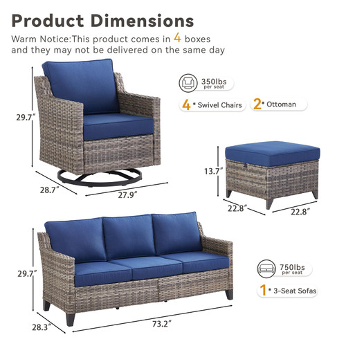 Outdoor Patio Furniture Set-7 Pieces All-Weather Wicker Outdoor Furniture with Swivel Patio Chairs Outdoor Patio Conversation Sets for Garden Porch Deck Grey/Blue