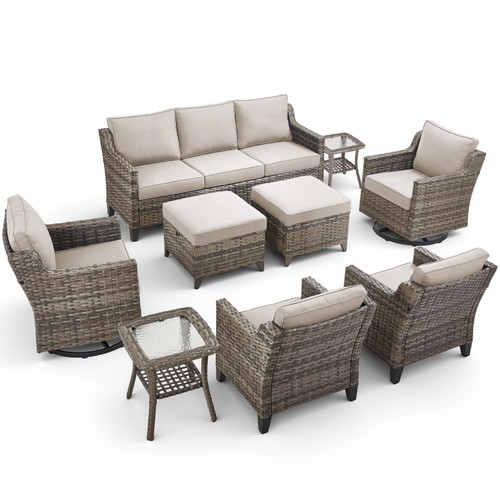 9 Piece Patio Furniture Set-All Weather Outdoor Conversation Sets Sectional Sofa with Wicker Swivel Rocker Patio Chairs, Comfy Cushions Ottomans for Porch Balcony Patio Grey/Beige