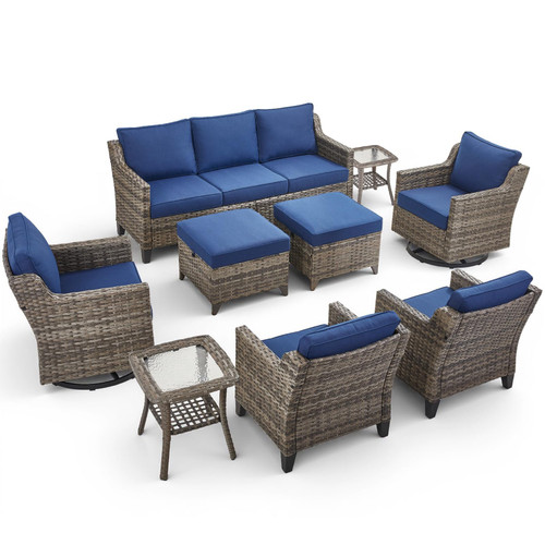 9 Piece Outdoor Patio Furniture Set-All Weather Outdoor Conversation Sets Sectional Sofa with Wicker Swivel Rocker Patio Chairs, Comfy Cushions Ottomans for Porch Balcony Patio Deck Grey/Blue
