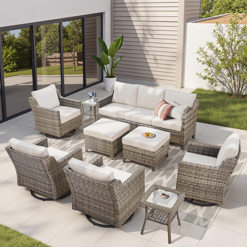 Outdoor Patio Furniture Set-9 Pieces All-Weather Wicker Outdoor Furniture with Swivel Patio Chairs Outdoor Patio Conversation Sets for Garden Porch Deck Grey/Beige