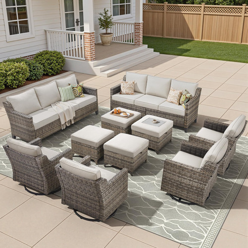 10 Piece Patio Furniture Set-High Back Outdoor Furniture Set Sectional Sofa with Wicker Swivel Patio Chairs,Comfy Cushions Ottomans for Porch Balcony Patio Deck Grey/Beige