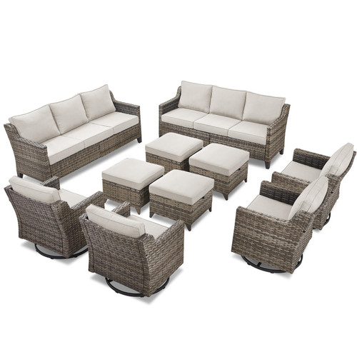 10 Piece Patio Furniture Set-High Back Outdoor Furniture Set Sectional Sofa with Wicker Swivel Patio Chairs,Comfy Cushions Ottomans for Porch Balcony Patio Deck Grey/Beige