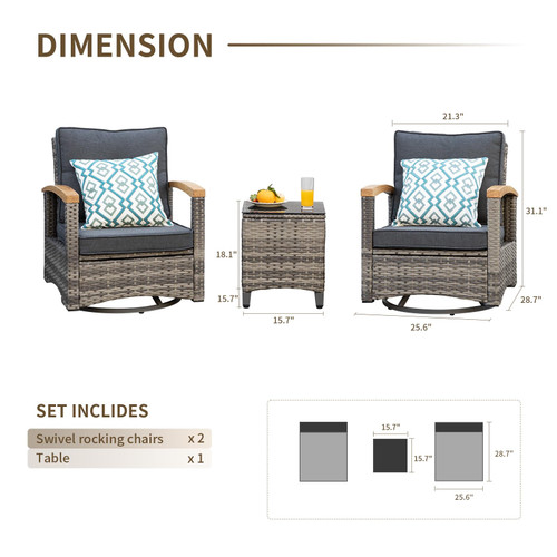 3 Piece Outdoor Swivel Rocker, Patio Furniture Bistro Set with 360° Wood Armrests Swivel Rocking Chairs and Side Table for Porch,Deck,Balcony(Grey)